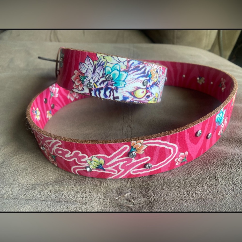 Ed Hardy Rhinestone Leather Belt Pink - L